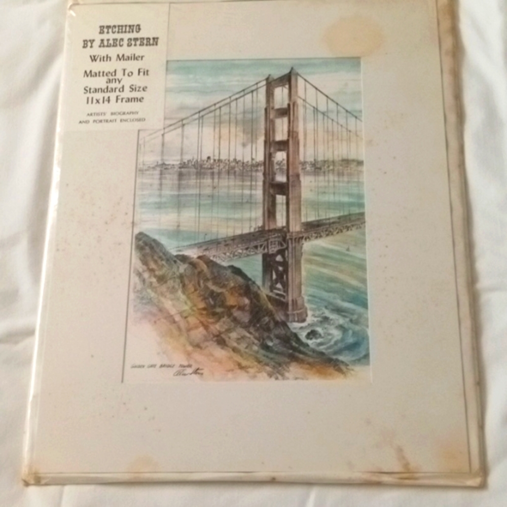 Vintage Alec Stern San Francisco Golden Gate Bridge Tower Etching
